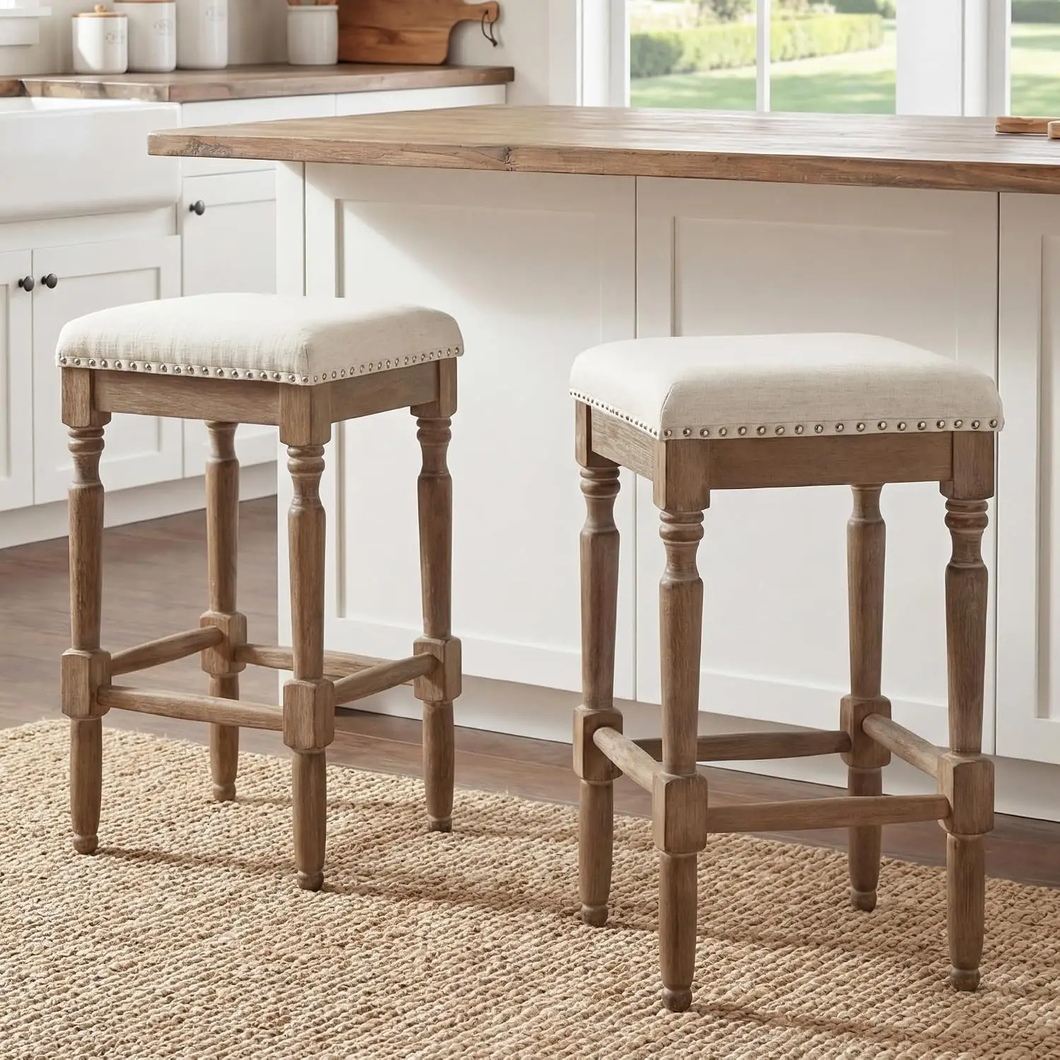 Backless Bar Stools Set Of 2, Nailhead Trim Counter Height Kitchen Island Bistro, Linen Wood, Dark Brown, Customized