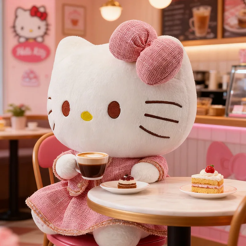 Sanrio плюшевая игрушка-кошка, большая клетчатая юбка, кукла для детей, подарок на день рождения, Рождество, идеальный приятный компаньон перед сном