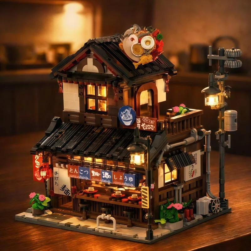 

Japanese-style ramen restaurant building block model, with lights, street scene ramen shop assembly kit, suitable for adults and