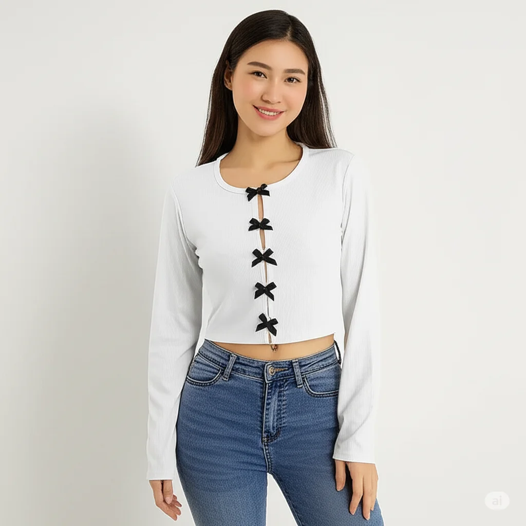 

2025 New Y2k Hollow Out Bows Crop Tops Long Sleeves For Women's Sweet Spring Autumn Korean Fashion Slim Knit Fabric Base Shirt