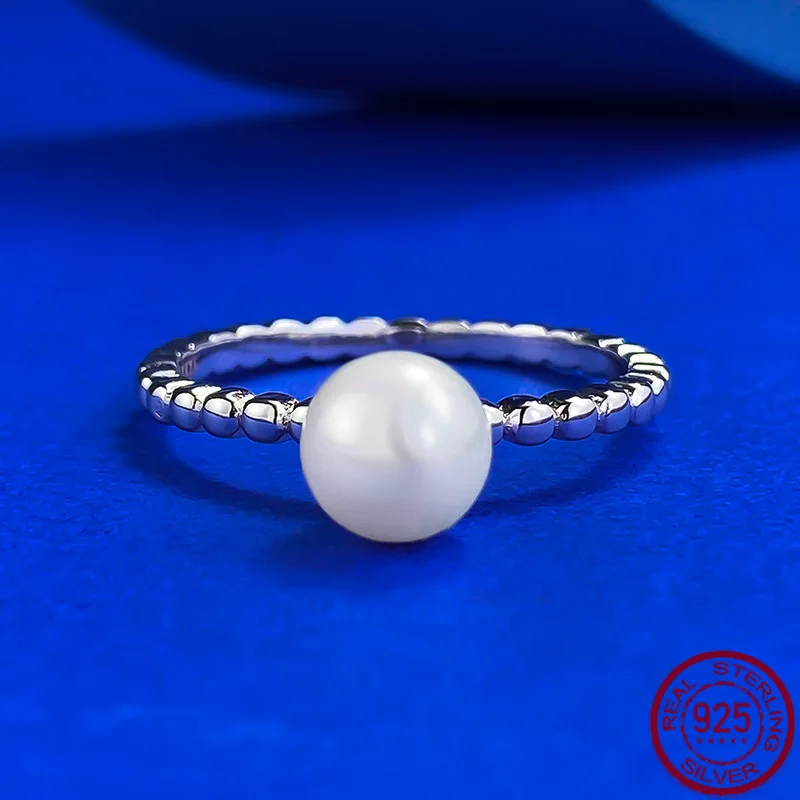 New Natural Pearl Ring for Women S925 Silver Simple Bead Edge Round Strong Light Pearl Ring Wedding Jewelry