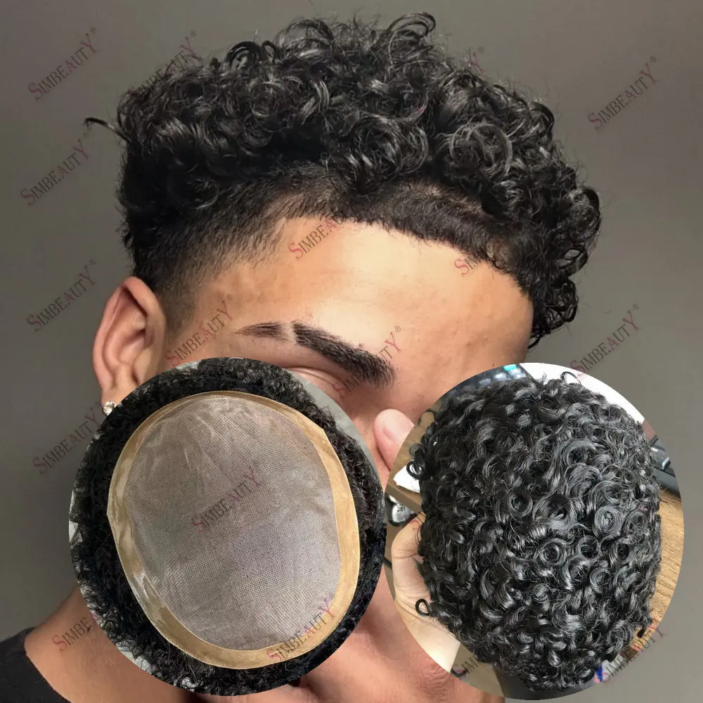 

Mono &NPU Base 18mm Curly Human Hair Men's Toupee Durable Prosthesis System Black/Brown Hair Piece 120 Density Natural Frontline