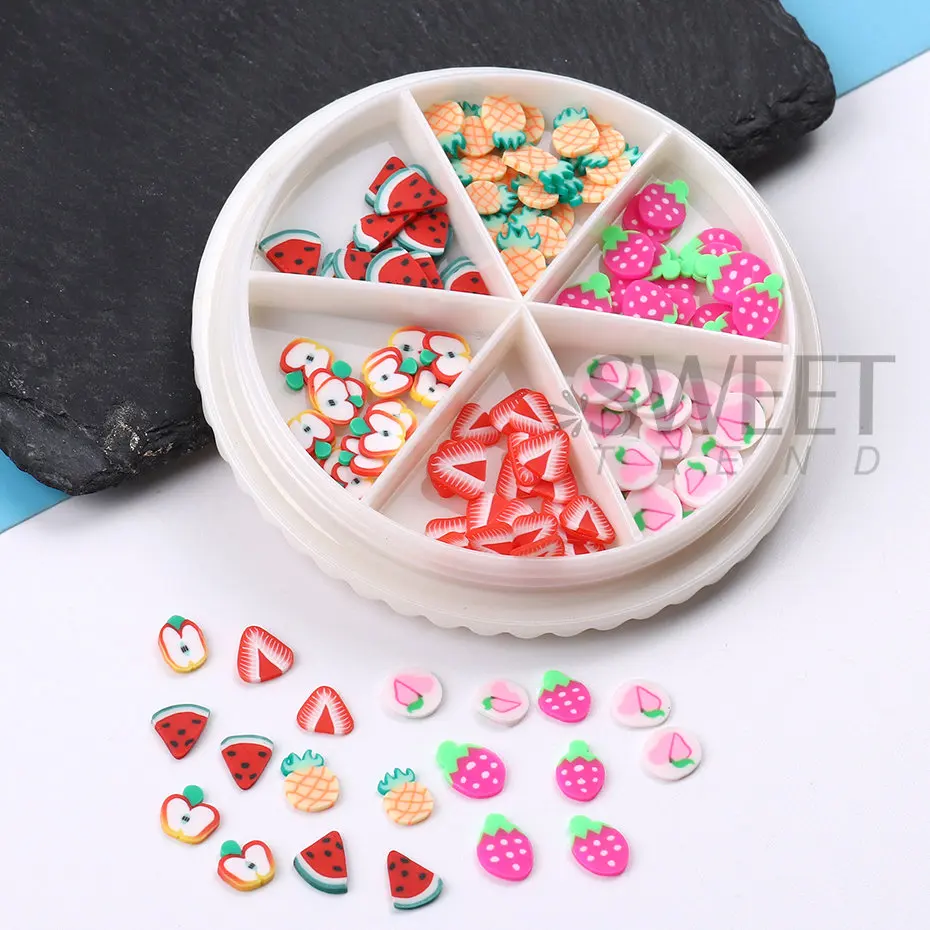 3D Mini Fruits Polymer Soft Clay Flakes Nail Art Decoration Cartoon Flower Lemon Candy Xmas Mixed Design DIY Gel Nail Accessorie