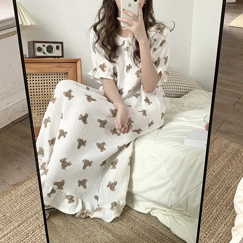 

Bear Cartoon Print Summer Nightgown Korean Soft Cotton Long Sleepwear Short Sleeve Ruffles Nightdress Buttons Kawaii Homewear