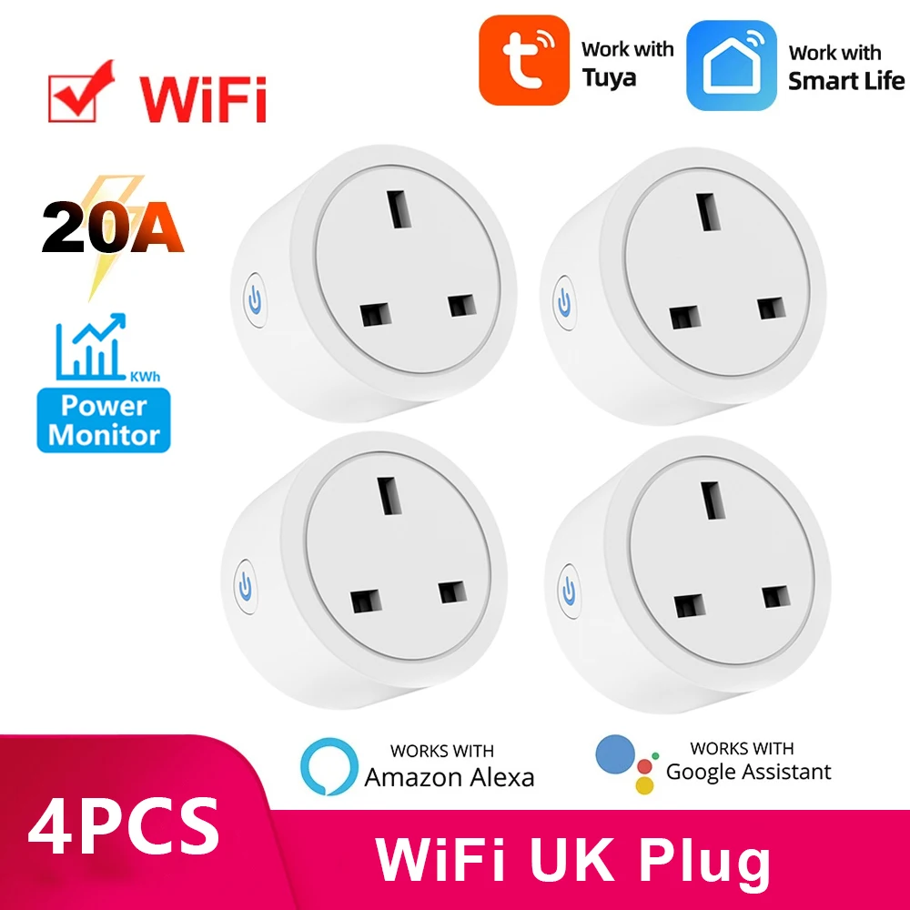 Tuya Smart Plug WiFi UK Outlet 20A Smart Socket With Energy Monitor App Remote Control Timing Outlet Work With Alexa Google Home