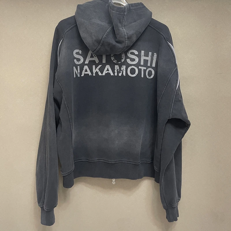 Satoshi Nakamoto Embroidered Cotton-Jersey Zip-Up Hoodie Autumn Winter Streetwear Men Washed Vintage Print Loose Sweatshirts