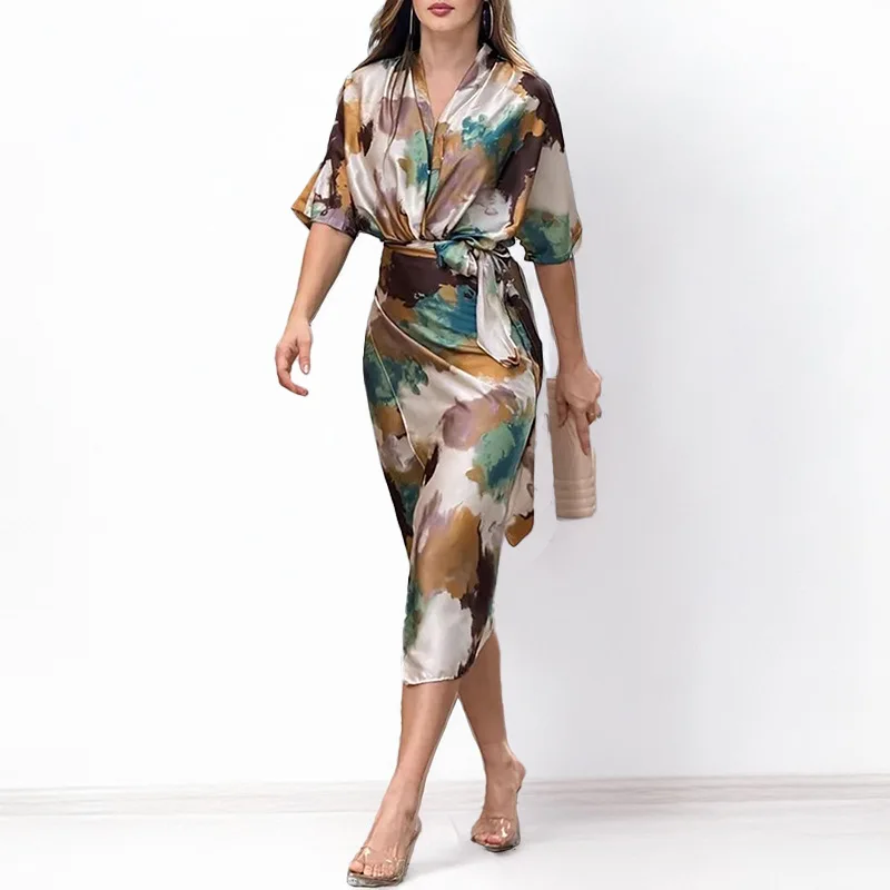 Elegant Floral V-Neck Tie Waist Dress Dresses for Spring Summer Women