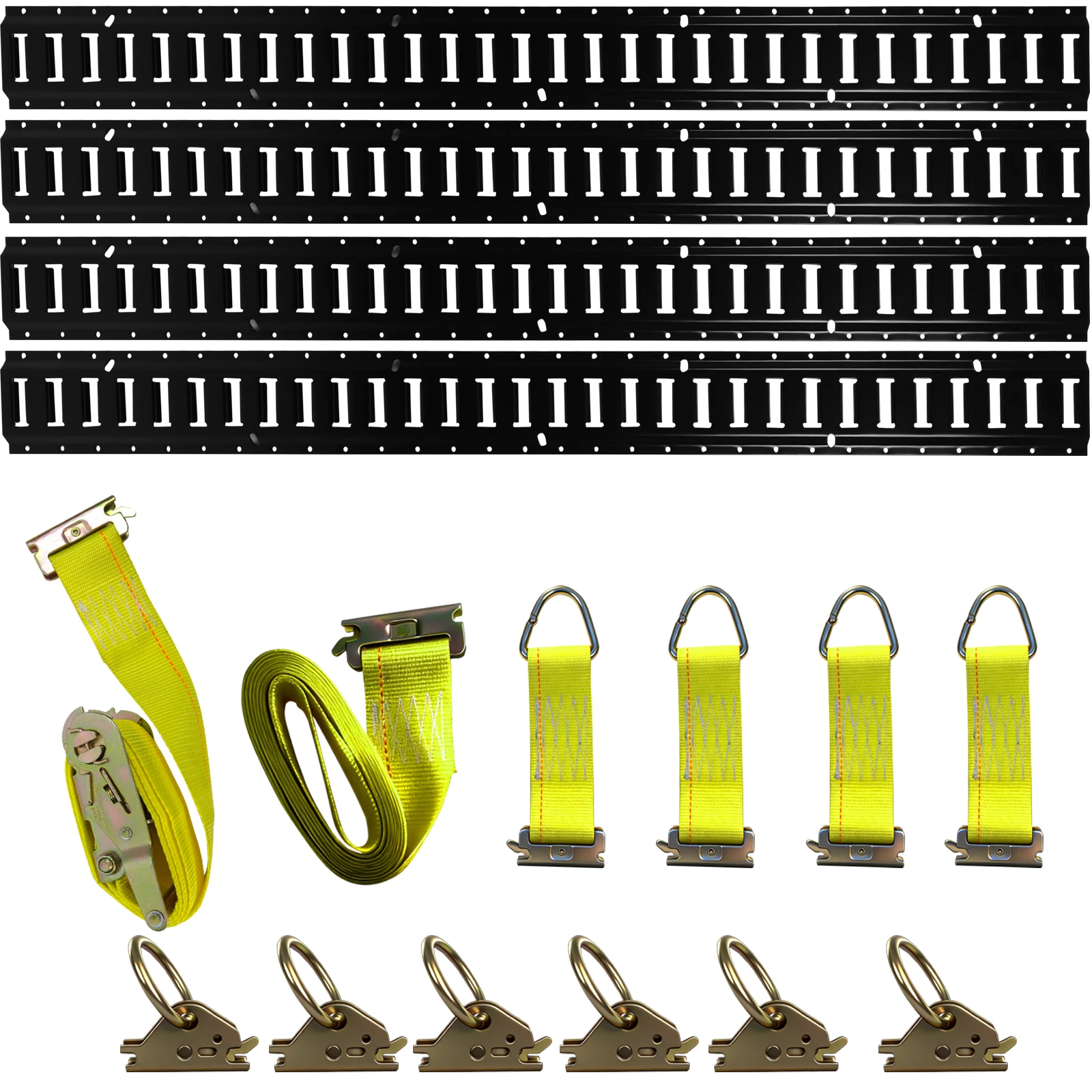 E-Track Tie-Down Rail Kit, 16 PCS Heavy-Duty 5FT Etrack System: 4 Pack 5' Rails with 2 Ratchet Straps, 4 D-Rings & 6 O-Ring Anchors, 4,500lbs Breaking Strength Cargo Control for Trailers, Vans, Trucks