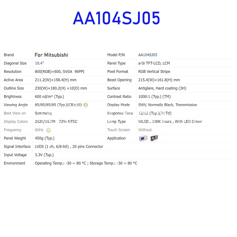 AA104SJ05 10.4 Inch LCD Display Screen Panel Original for Mitsubishi Brand New Fast Shipping