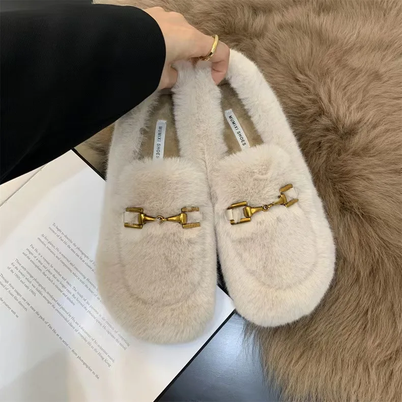 Luxury Fluffy Fur Loafers Women Flat Shoes Ladies Winter Slip On Furry Warm Flats Shoes Cotton Wool Mocasine Femme Barefoot Boot