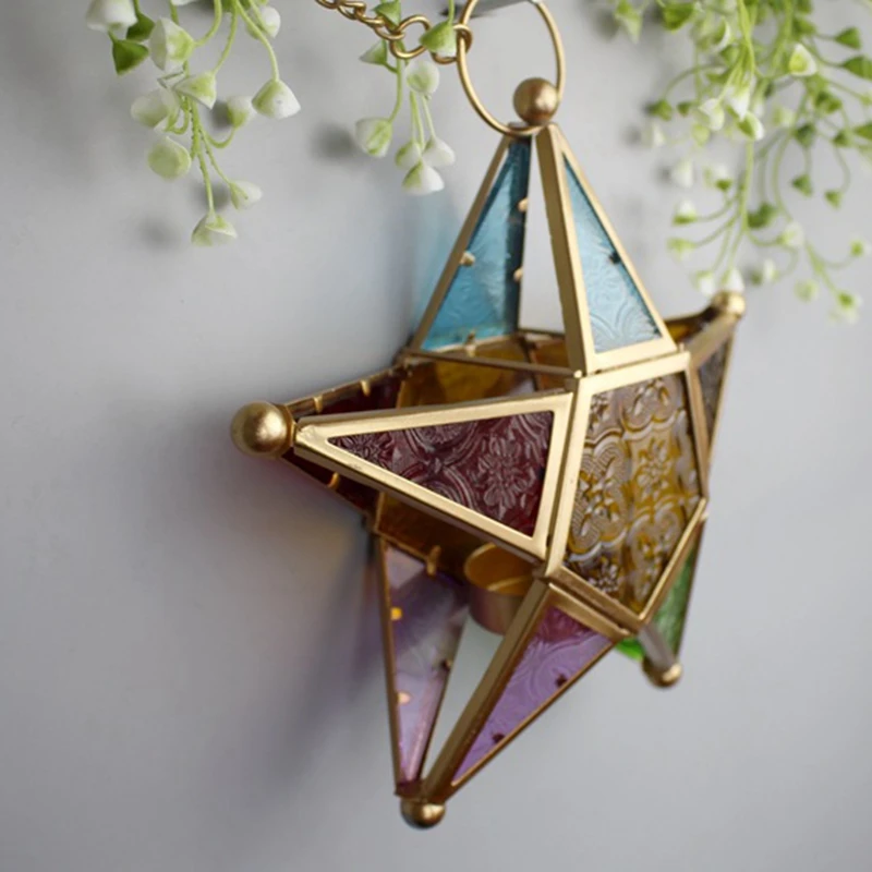 모로코 스타일 걸이식 촛불 랜턴, 유리 다섯개 별 모양, 티라이트 거치대, 결혼식, 정원 마당
