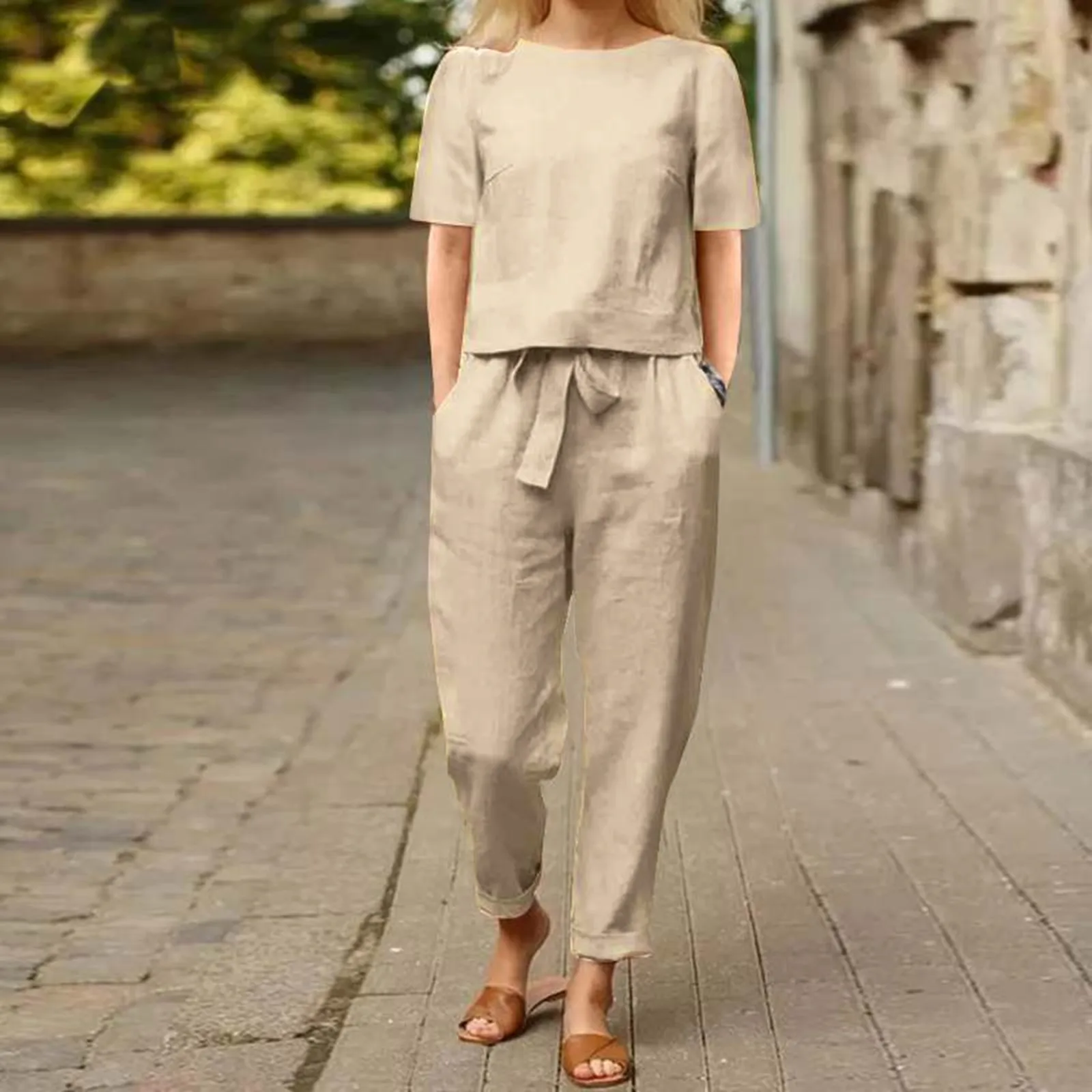 

Fashion Women's Cotton Hemp Summer Khaki Round Neck Short Sleeve Loose Top High Waist Pocket Wide Leg Pants Retro 2 Piece Set