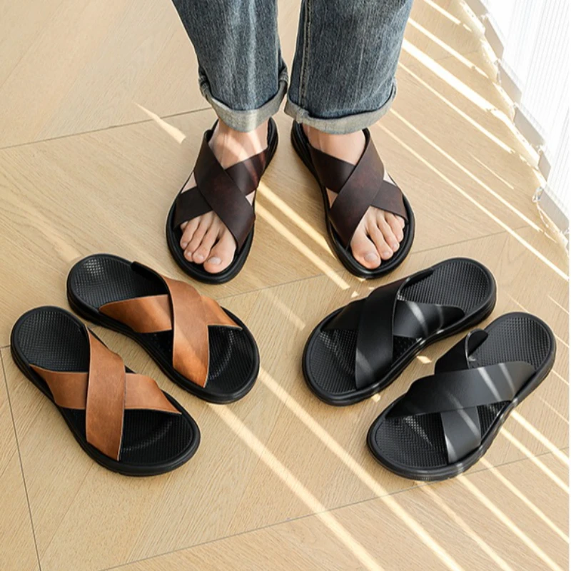 

Men's Summer Ultra-light Retro Solid Color Leather Surface Cross-laced Soft Sole Anti-slip Breathable Large-sized Casual Sandals