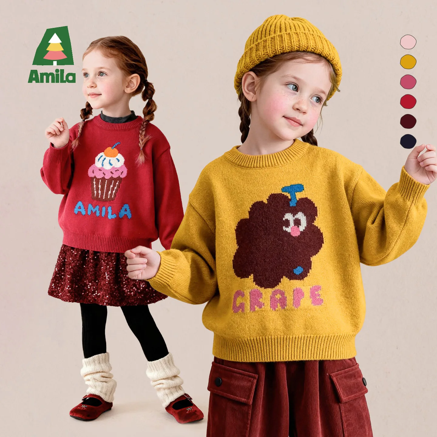 Amila 2026 Winter New Kids Sweater Crew Neck Cartoon Jacquard Warm Thermal Extra Soft Cozy Comfortable Daily Knitted Top