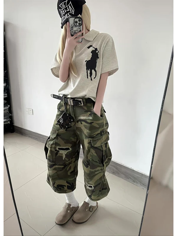 

American Vibe Camouflage Ripped Seven-Foot Men's Summer Workwear Jeans ort Design Sensation Wide-Leg Eight-Foot Pants