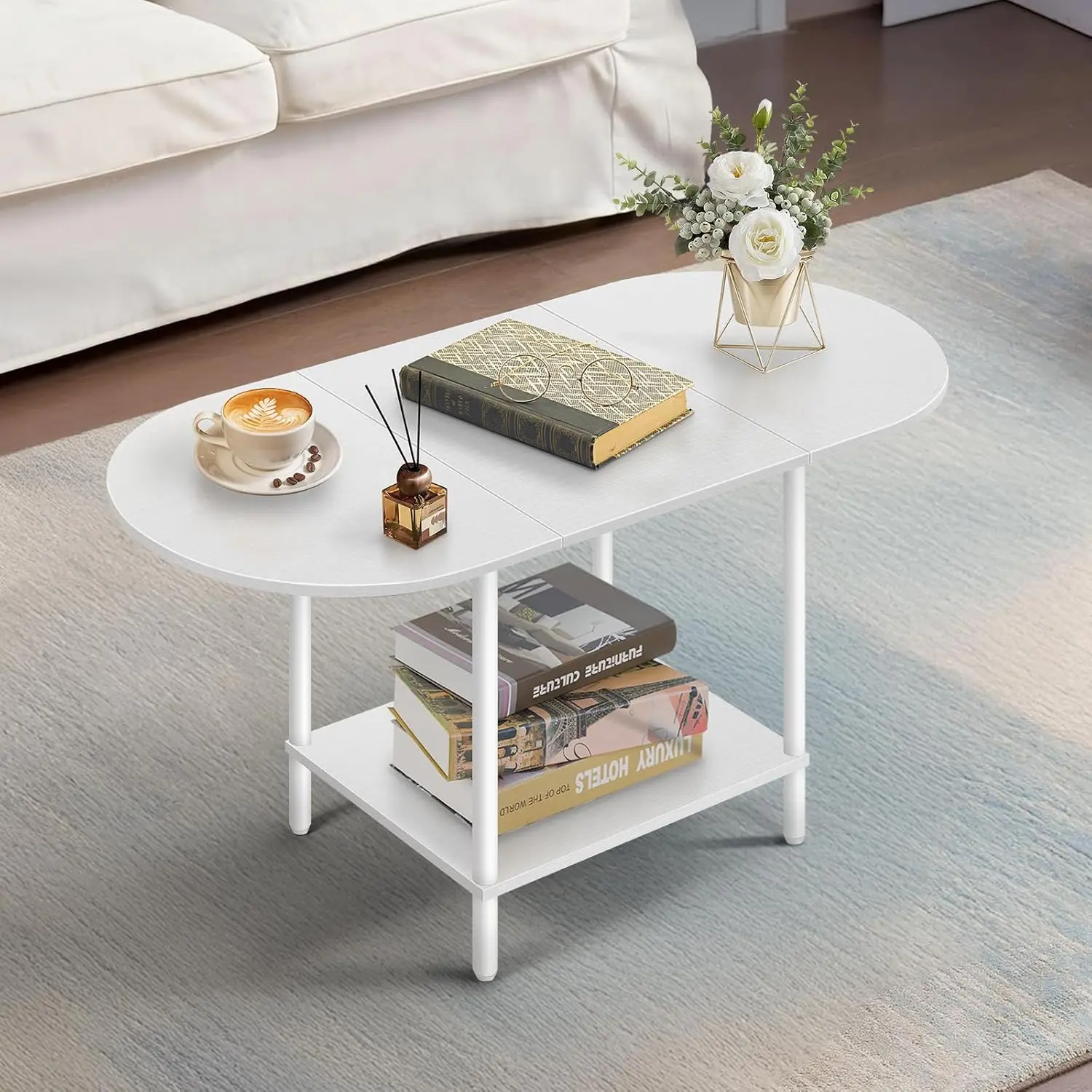 

！@Combohome White Coffee Tables for Living Room,2-Tier Modern Mid Century Oval Center Table with Storage Shelf and Wood Tabletop