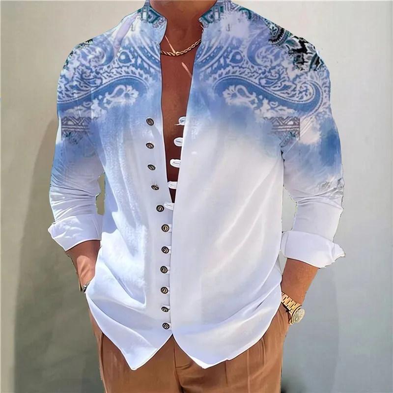 

Retro Print Long Sve Men's irt Stand Collar Button up Loose Fit Summer Cross-Border Faionable Casual M Top