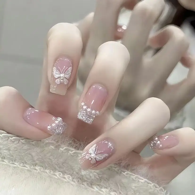 24Pcs Ballet Fake Nails Blush with French Diamond Chain Cat's Eye Tips Press on Nails Art Simple Wearable Finished False Nail