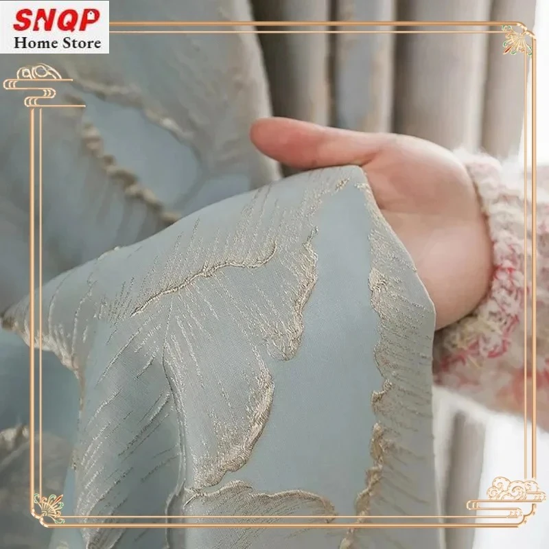French Pastoral Embossed High-precision Gold Jacquard Curtains for Living Room Bedroom Dining Leaves Blue Blackout Window Decor