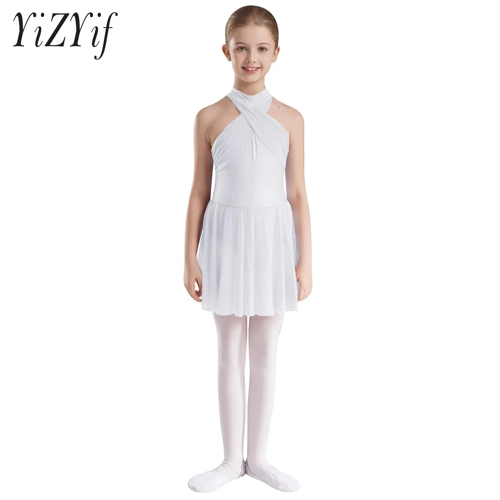 

Kids Girls Ballet Dance Dresses Shiny Rhinestones Sleeveless Leotard Mock Neck Backless Jumpsuits for Stage Performance Costume