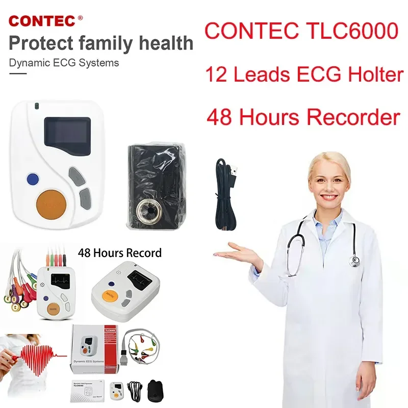 CONTEC Portable 12-Channel Cardiac Holter Equipment, Long Duration EKG Rhythm Recorder, 48 Hours Continuous Monitoring & Supplie