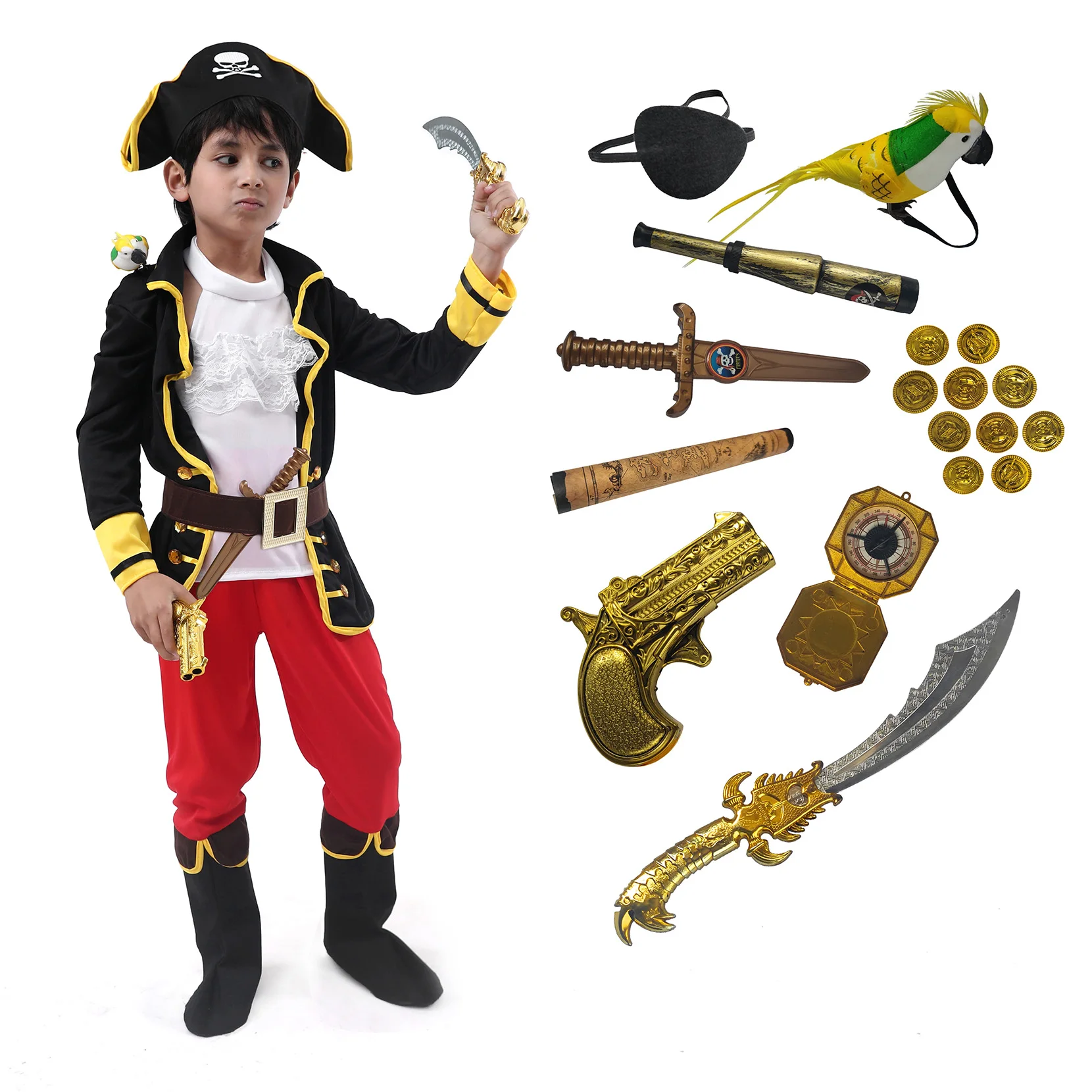 Disfraz de pirata ds para Halloween, traje de pirata con accesorios para niños y niñas