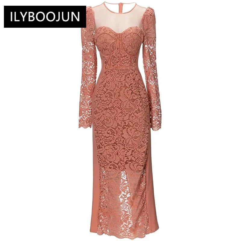 

Autumn Lace Dress Women O-Neck Long Sleeve Hollow Out Elegant Party Slit Dresses