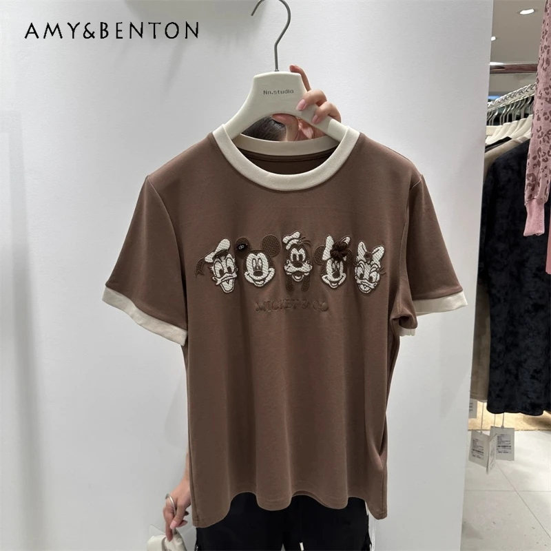 

Sweet Cute Short Sleeves Tshirt Ladies Autumn Color Block Heavy Embroidery Cartoon Loose Age-Reducing Top Short T-Shirt Pullover