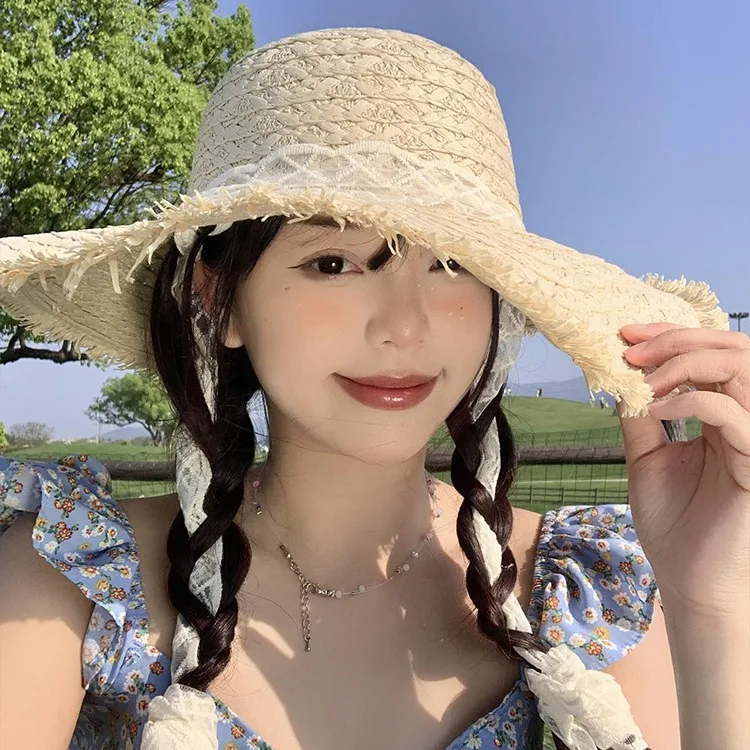 

Big Brim Woven Straw Hat for Women Lace Mesh Ribbon Bandage Fairy Beach Travel Straw Sombrero Cap Chapeau Homme Summer Sun Hat