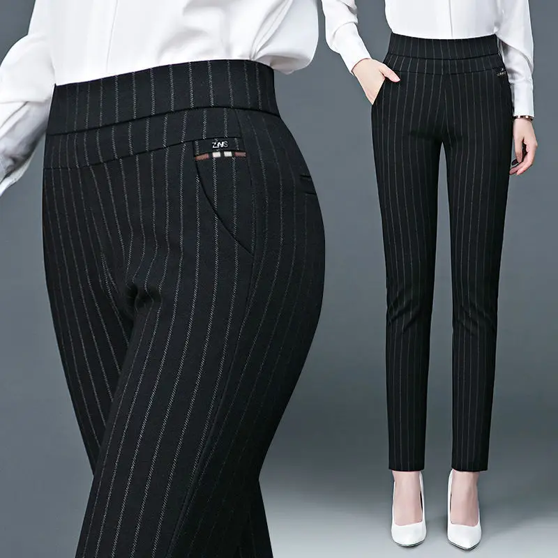 

5XL Big Size Women Stripe Straight Pants Office Fashion Spring Summer Elastic High Waist Diamonds Pocket Female Casual Trousers