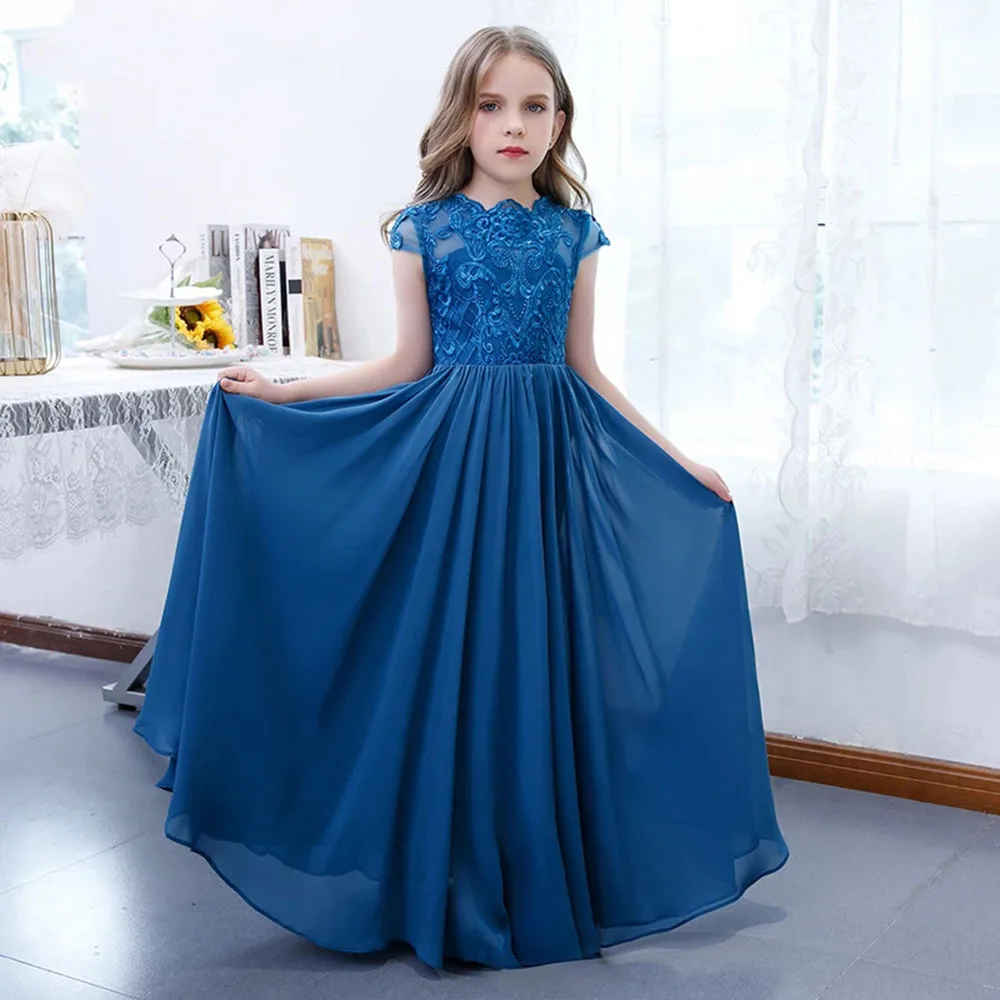 KYDYNQJ Royal Blue Chiffon Lace Flower Girls Dress Cap Sleeves A-Line Junior Bridesmaid Gown Birthday Party