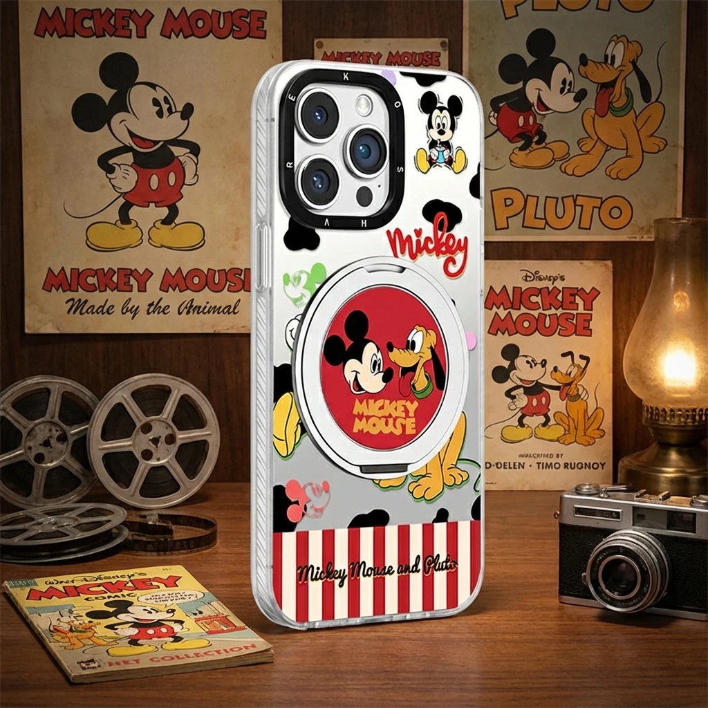 

Магнитный чехол Mickey Pluto Bracket для iPhone 16 15 14 13 Pro Max, милый мультяшный чехол для телефона для девочек, парный дизайн