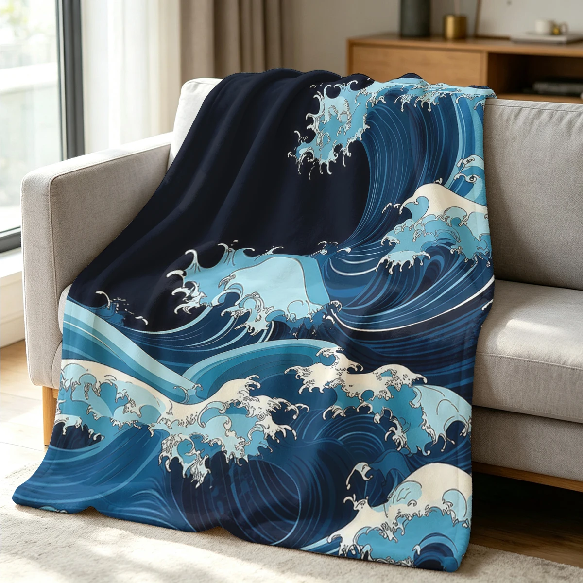 Ocean Wave Flannel Blanket Warm Soft Halloween Christmas Couch Warm Cozy Decorative Decor Gift for All Season