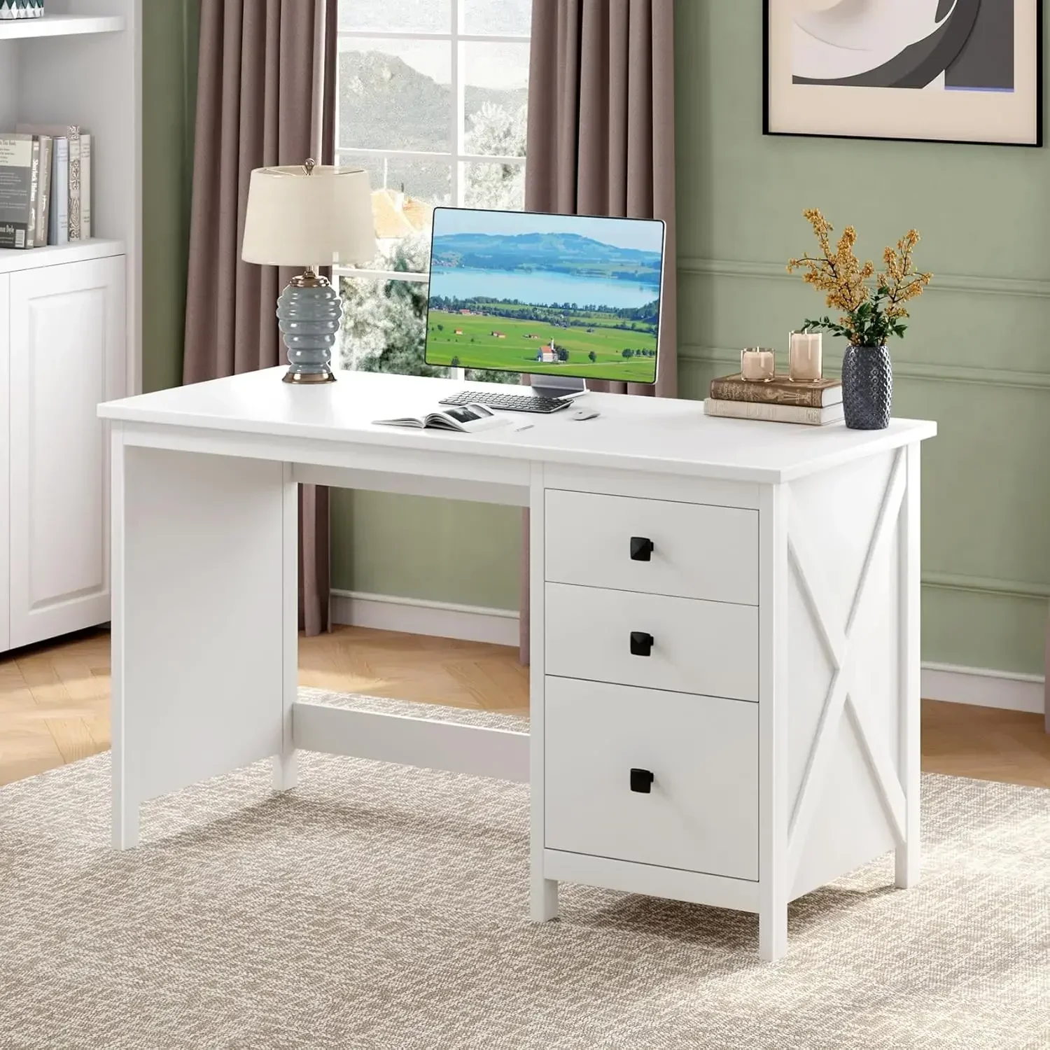 White 47.2in Home Office Computer Desk Farmhouse Executive Desk 3 File Drawers Study Writing Table Bedroom Makeup Vanity Storage