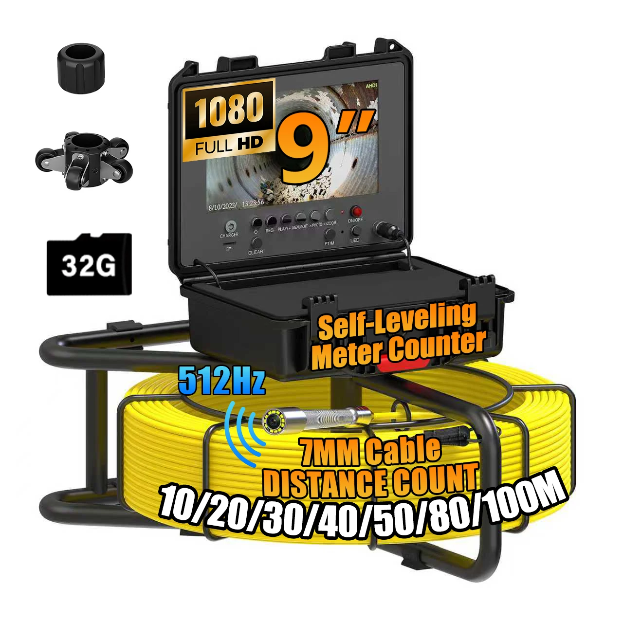 Sewer Inspection Camera, Self-Leveling Sewer Camera with 512Hz Wireless Locator,7mm cable HD Endoscope Camera with Meter Counter