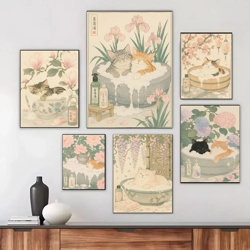 Japanese bath cat floral ukiyo-e collage Poster HD Waterproof Self-Adhesive For Living Room Gift Bedroom Hallway Wall Decor