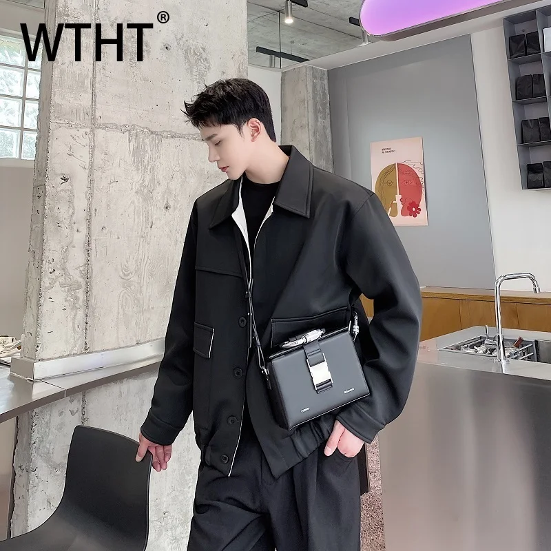 

WTHT Trendy Men's Solid Color Big Pockets Spliced Design Coats Fashion 2025 Autumn Long Sleeves Lapel Loose Jackets Male 2A1622