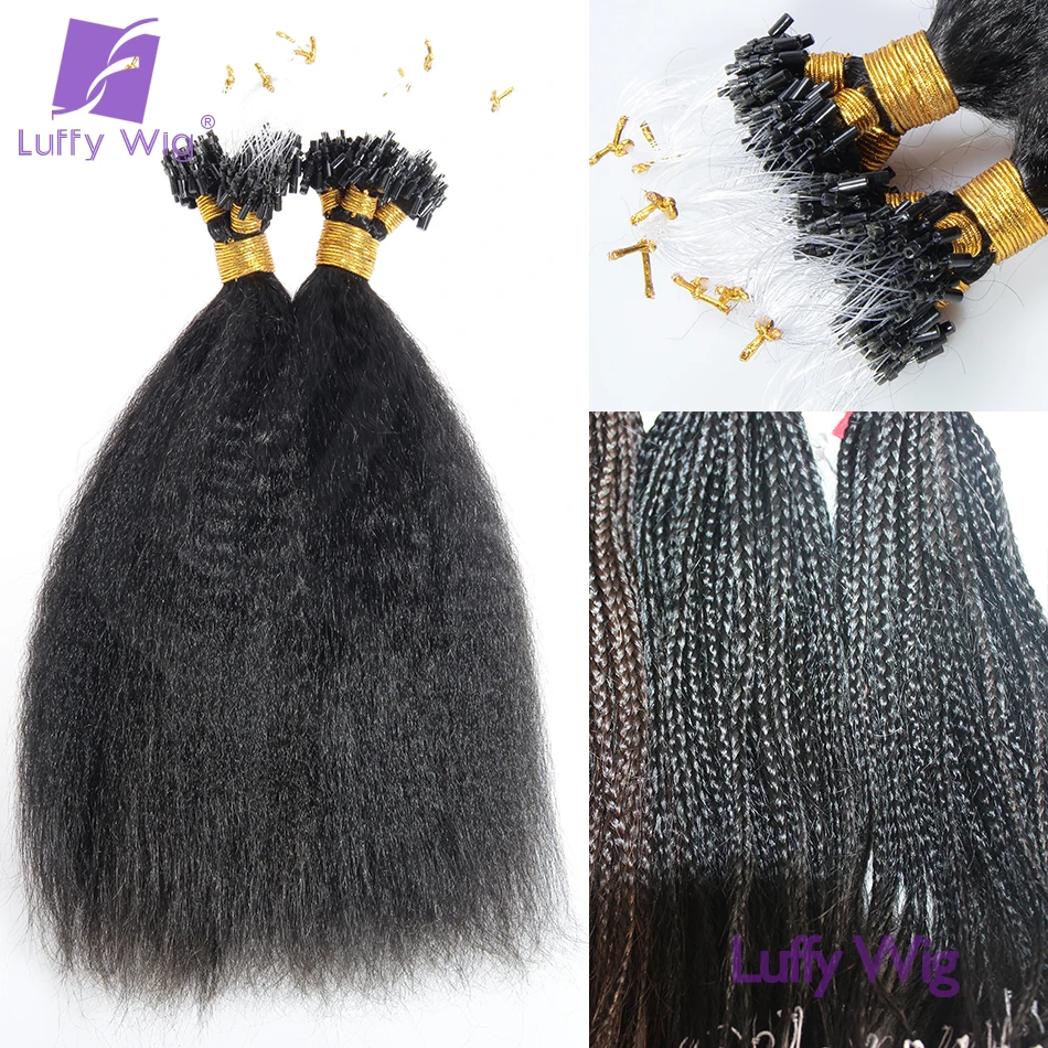 Extensiones de cabello humano rizado y liso, cabello Remy brasileño grueso Yaki, Micro Loop Links, Luff negro Natural