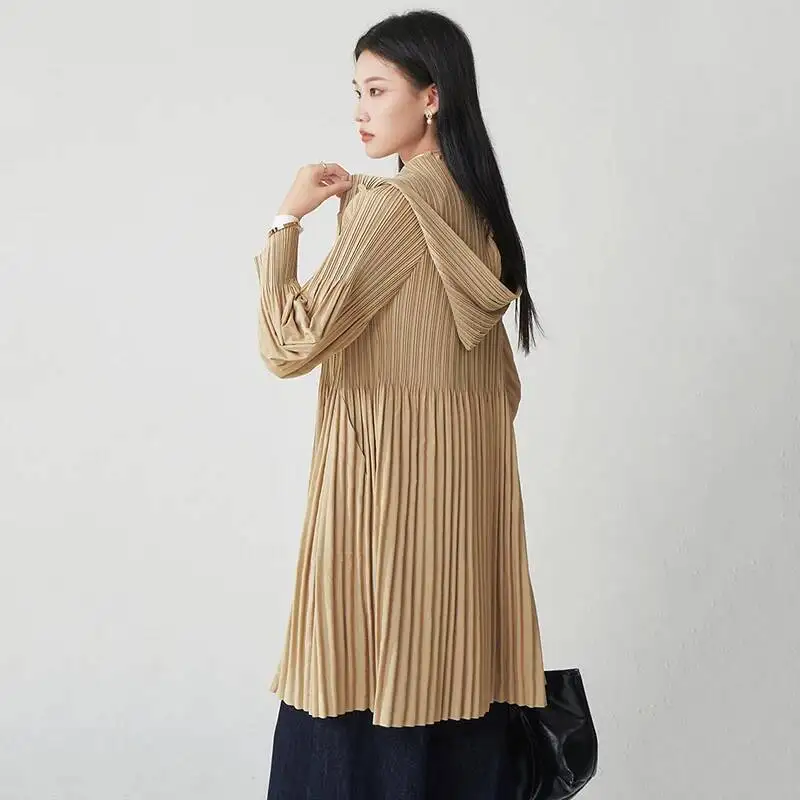 Pleated Autumn Winter Clothing High-End Loose Women's Lightweight Trench Coat New Hooded Zipper Mid-Length Windb 22J0