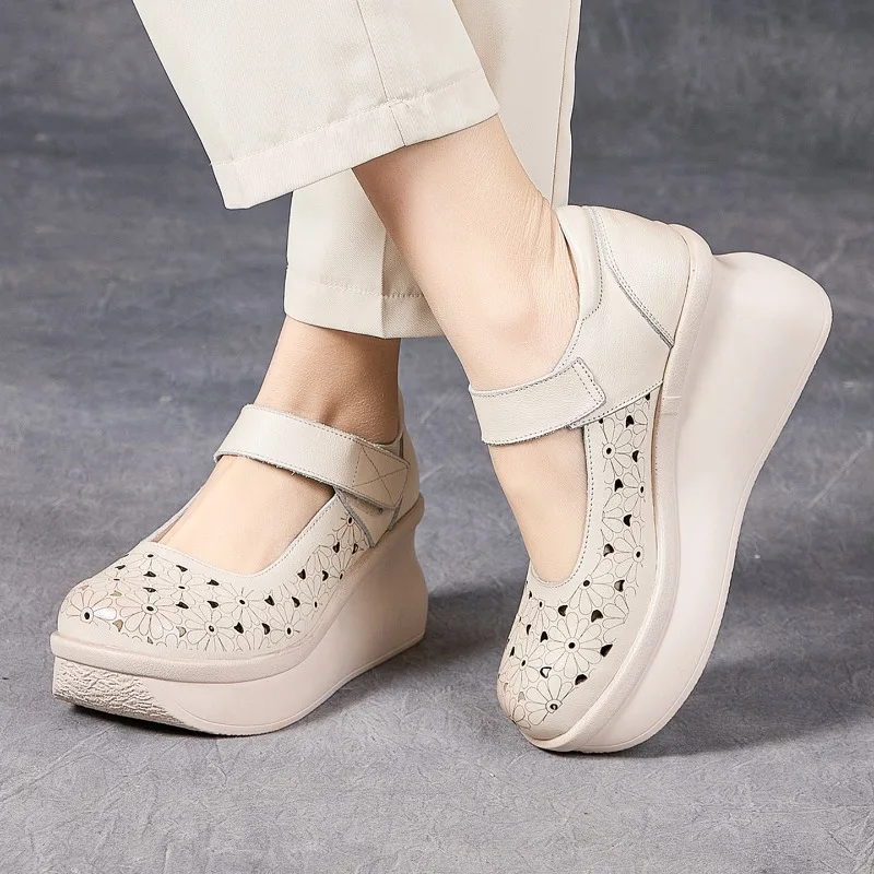 2026 Fashion Women Wedges Heel 7cm Height Increasing Shoes Summer Hollow Out Printing Platform Breathable Cool Shoes