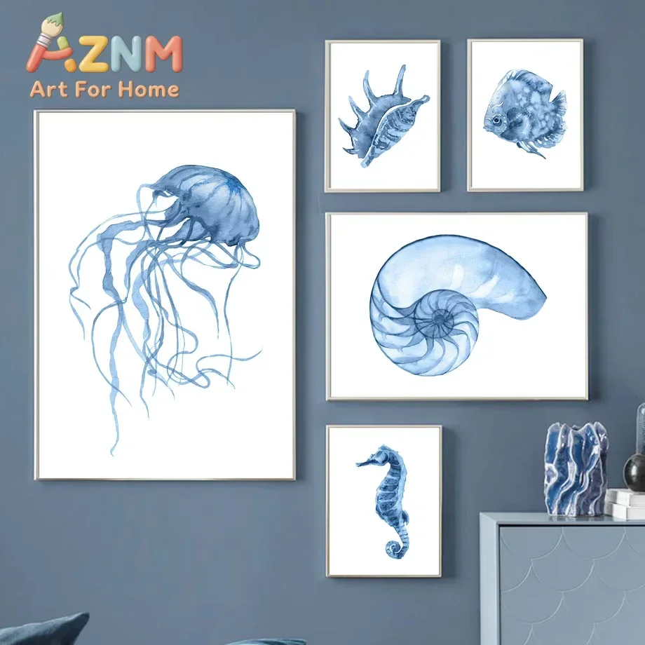Blue Watercolor Coastal Wall Art Prints Nautical Sea Creature Poster Seashell Jellyfish Seahorse Crab Starfish Beach House Decor