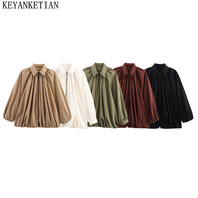 

KEYANKETIAN осенняя новая женская куртка с воротником, планкой, молнией, плиссированная свободная куртка пилота, женское пальто