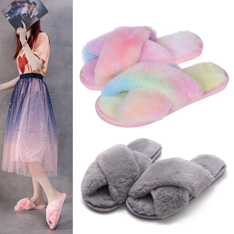 

Winter Cross Fluffy Slippers Women Cotton Slipper Bridesmaid Gifts Bridal Shower Bride Slippers Wedding Soft Flat Shoes