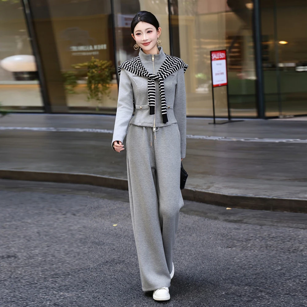 

ZJYT Высокомодный повседневный спортивный костюм для женщин, полосатая куртка на молнии с длинными рукавами и брюки, одинаковые комплекты из 3 предметов, осенние наряды 2025 г.
