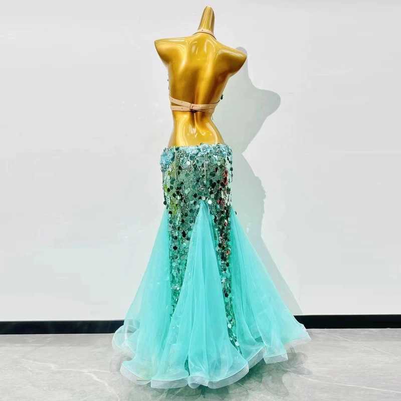 

Belly Dance Performance Set for Women Big Sequins Bra Top+long Skirt 2pcs Custom Adult Oriental Belly Dancing Outfit