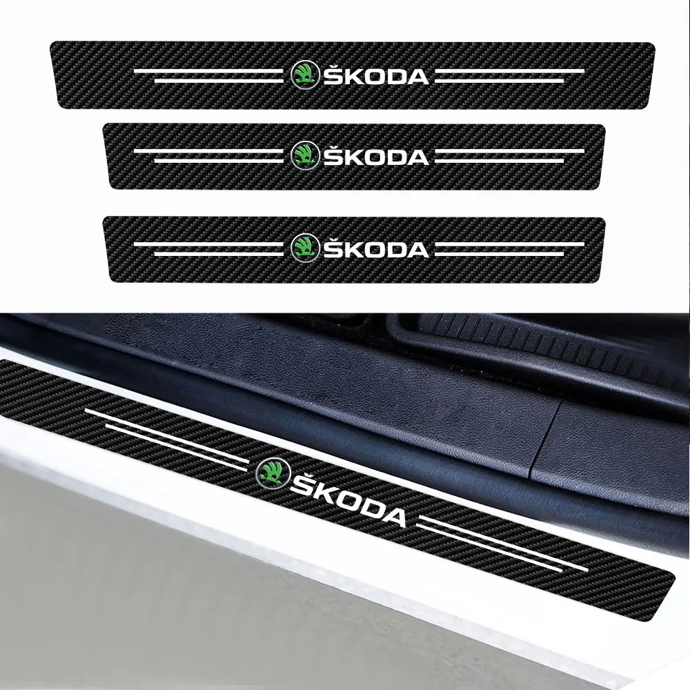 4Pcs New Leather Carbon Fiber Car Door Sill Threshold Protector Stickers For Skoda Octavia 2 A5 A7 Superb 3 Fabia 2 Karoq Rapid