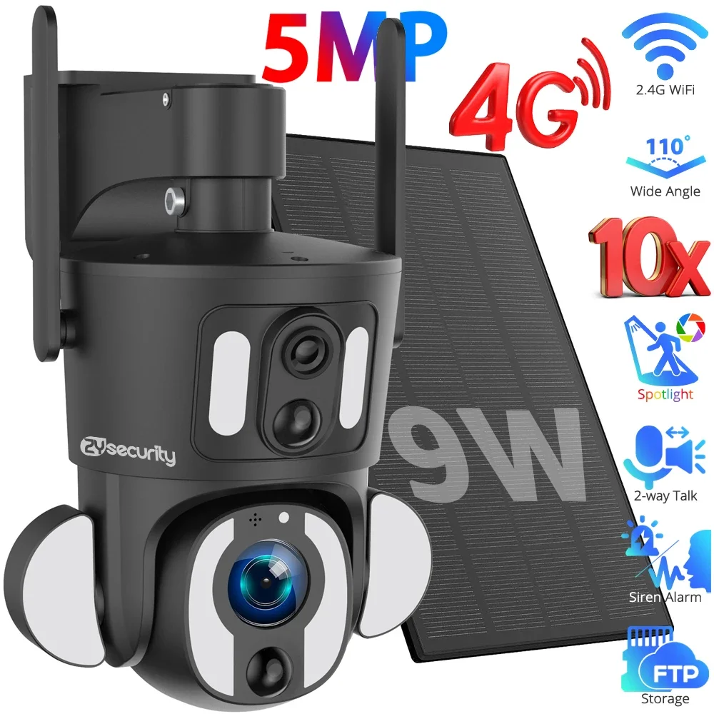 

5-мегапиксельная камера безопасности с двумя объективами, 4G LTE, 10-кратный оптический зум, PTZ IP-камера 9 Вт на солнечной энергии, автоматическое отслеживание, обнаружениеAI, цвет пятна