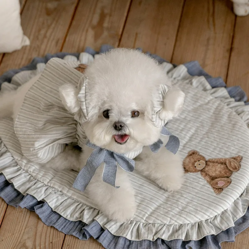 2026 New Style Korea Dog Beds for Small Dogs Ruffled Striped Pet Round Mat Cat Floor Cushion