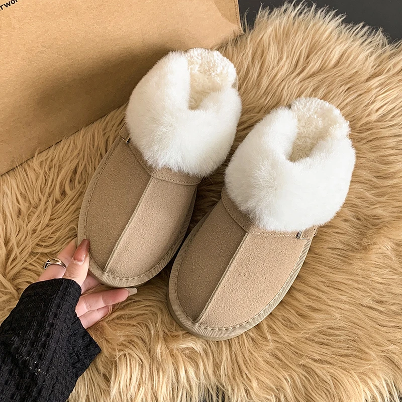 Women's Flat Baotou Slippers Winter New Round Head Suede Deep Mouth Belt Buckle Anti-slip Wear-resistant Cotton Drag