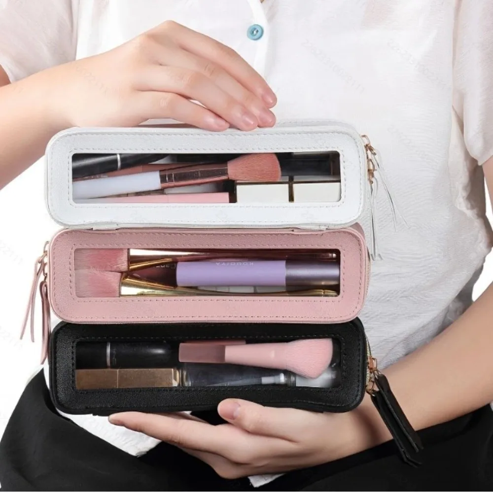 Daily Necessities PU Makeup Brush Box Waterproof Large Capacity Cosmetic Bag Zipper Closure Transparent Pencil Case Travel